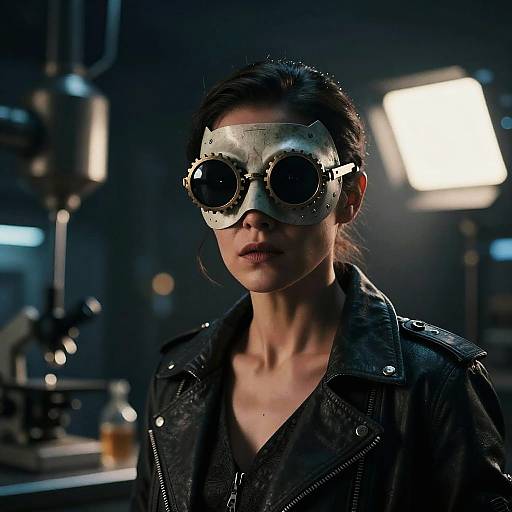 Photograph of a woman with dark hair in a black leather jacket, wearing a metallic, round-eyed mask, standing in a dimly lit, industrial