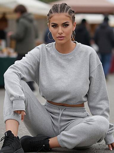 Photograph of a confident, light-skinned woman with braided hair, wearing a gray sweatshirt and matching sweatpants, sitting cross-legged outdoors.