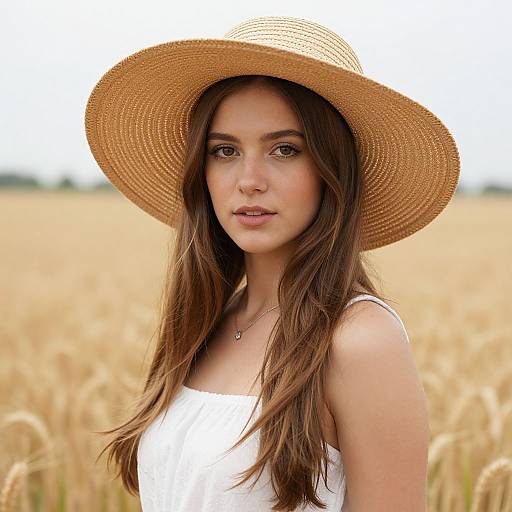 Photograph of a young woman with long brown hair, wearing a wide-brimmed straw hat and white dress, standing in a golden wheat field.