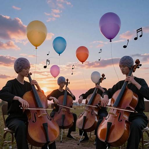 Photograph of four musicians in black attire playing cellos against a sunset sky, each holding colorful balloons, with musical notes floating.