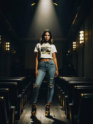 Woman in Casual Outfit with Platform Heels in Theater