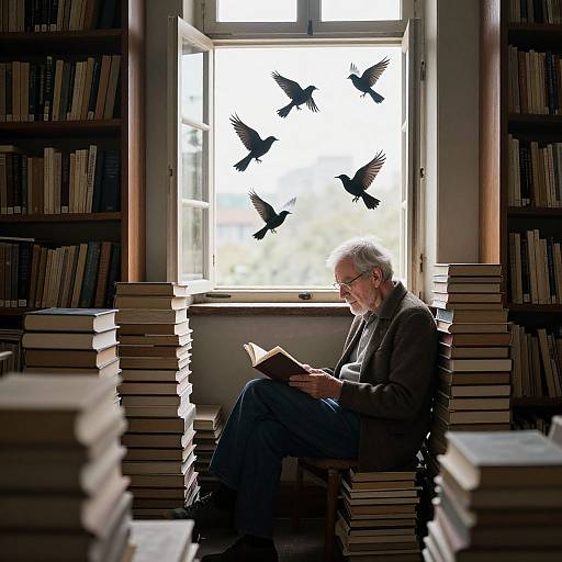 Photograph of an elderly man with gray hair, glasses, and a beard, reading a book amidst tall stacks of books, surrounded by five flying black