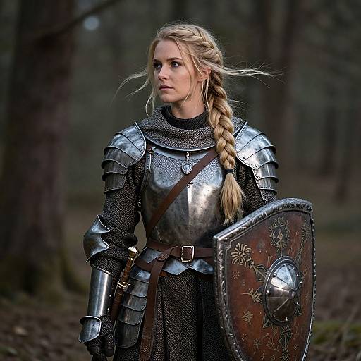 Photograph of a blonde woman in medieval silver armor with a braided ponytail, holding a decorated shield in a dark forest.