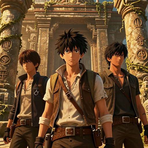 Digital anime artwork of three young men with spiky black hair, wearing vests and belts, standing in front of ancient stone ruins. Warm sunlight highlights their