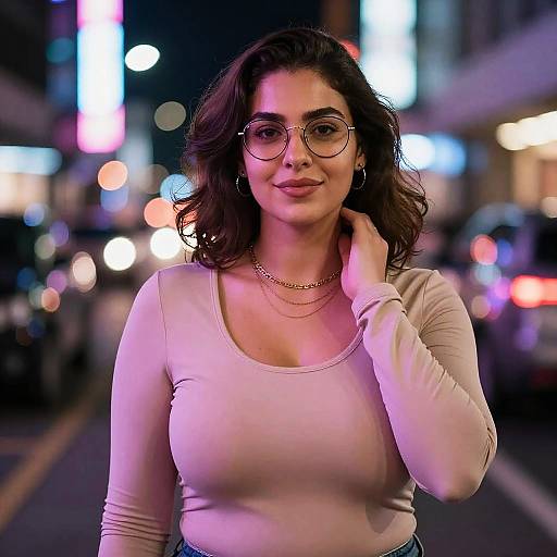 Photograph of a smiling young woman with wavy brown hair, wearing round glasses, a beige long-sleeve top, and gold necklace, standing