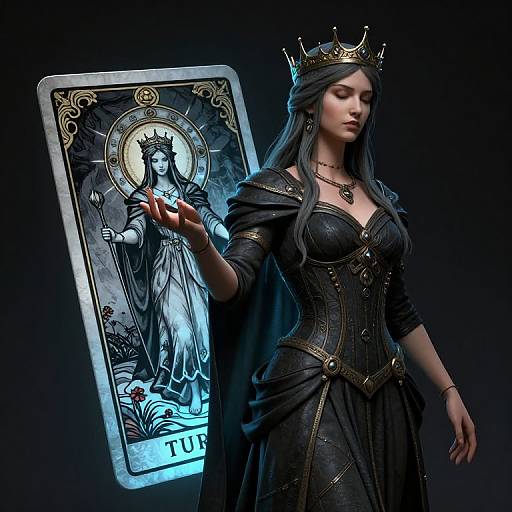 Digital artwork of a regal, dark-haired woman in a black, gold-trimmed gown and crown, holding a glowing card of the High Priest