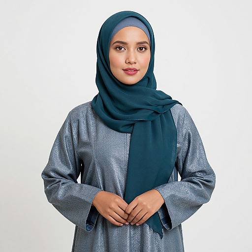 Photograph of a young woman with light brown skin, wearing a blue hijab and silver sequined long-sleeve top, standing against a white