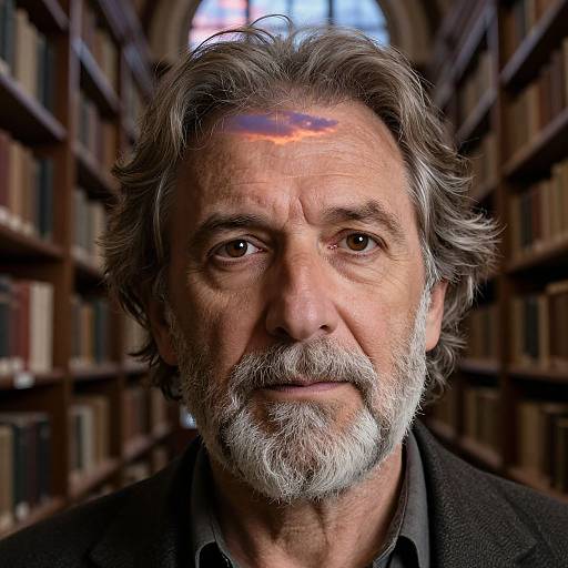 Photograph of a middle-aged man with gray hair and beard, standing in a library with bookshelves; a small, colorful light streaks across