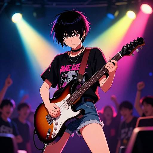 Anime-style digital illustration of a black-haired, androgynous guitarist in a black 