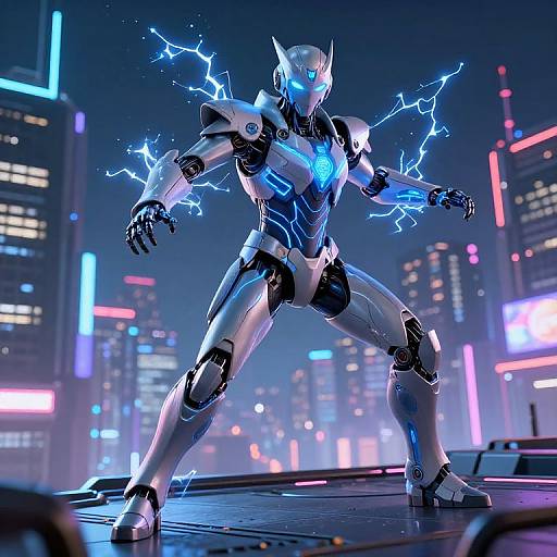 CGI image of a glowing blue robotic warrior with lightning bolts, standing in a neon-lit futuristic cityscape at night.
