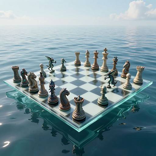 Digital CGI image of a chessboard with intricately designed black and white pieces floating on a calm, reflective blue ocean.
