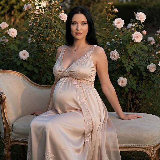 Photograph of a pregnant woman with long black hair, wearing a silky, pale pink, lace-trimmed dress, seated on a vintage cream sofa