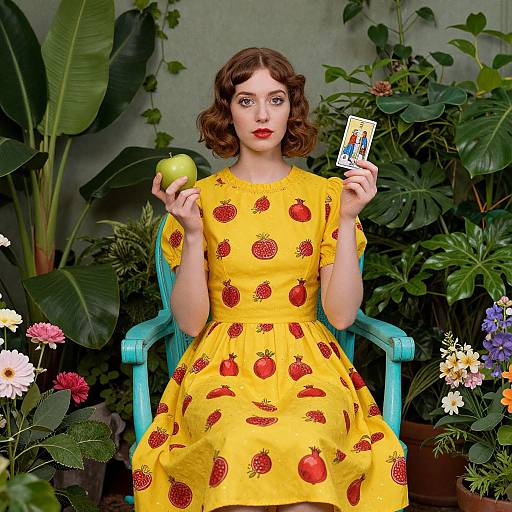 Photograph of a fair-skinned woman with red lipstick, brown wavy hair, wearing a yellow dress with red strawberry patterns, holding an apple and