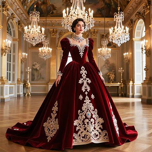 Regal Crimson Gown in Baroque Ballroom
