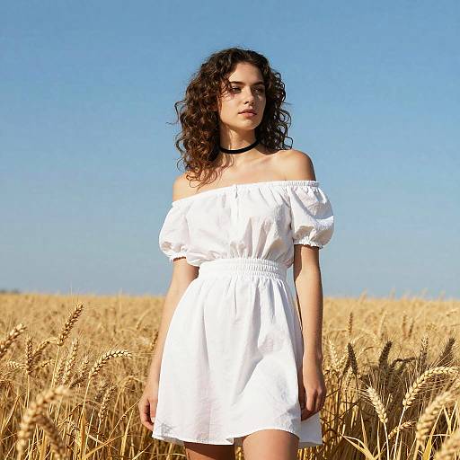 Photograph of a curly-haired woman in a white off-shoulder dress standing in a golden wheat field under a clear blue sky.
