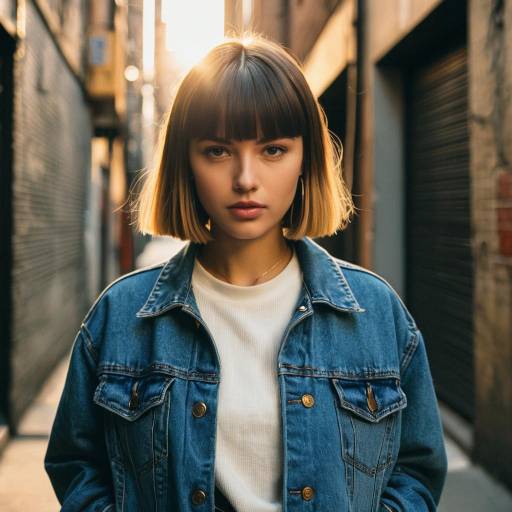Young Woman with Long Bowl Cut in Denim Jacket