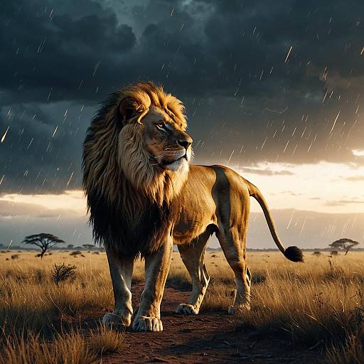 Majestic Lion on Stormy African Savanna