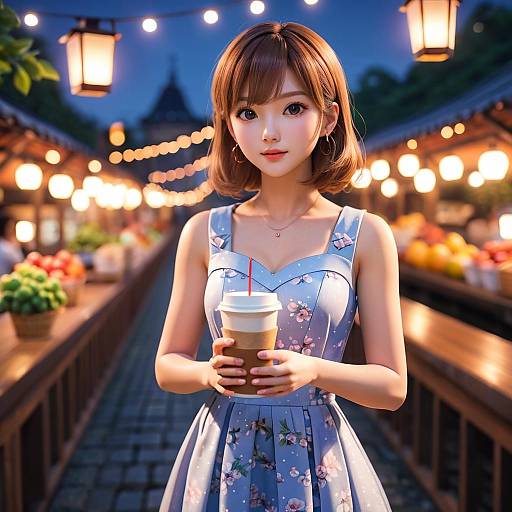 Digital art of an adorable Asian woman in a floral dress, holding a coffee, standing in a brightly lit evening market.
