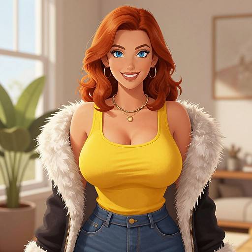 Digital art of a smiling woman with red hair, blue eyes, yellow tank top, high-waisted blue jeans, black jacket with white fur,
