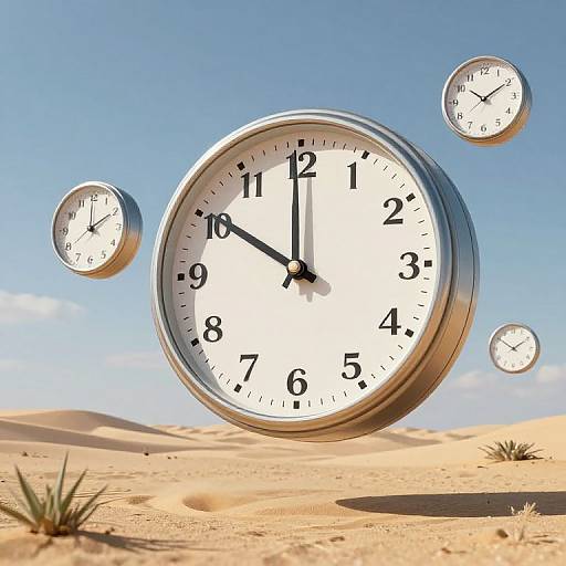 Photograph of four floating clocks with black hands and numbers, set against a bright blue sky and golden desert sand dunes.