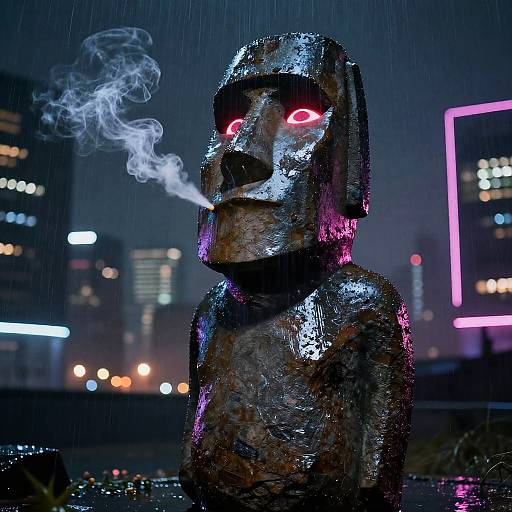 Cyberpunk Moai in Neon Rain