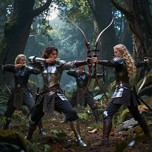 Photograph of three medieval archers in shiny silver armor, drawing bows in a dense, sunlit forest, with tall trees and lush greenery.