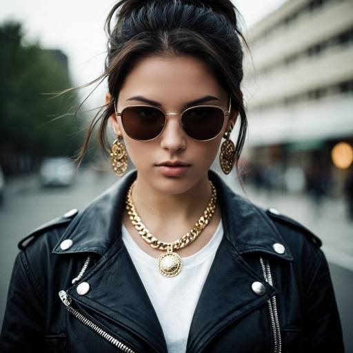 Stylish Woman in Leather Jacket and Sunglasses