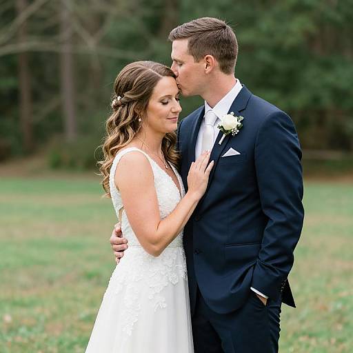 Photograph of a smiling bride in a white lace dress and groom in a black suit, kissing tenderly outdoors with a green forest background.