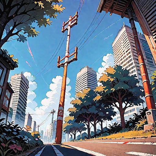 Digital illustration of a sunny urban street with tall buildings, red utility poles, lush trees, and vibrant blue sky with white clouds.
