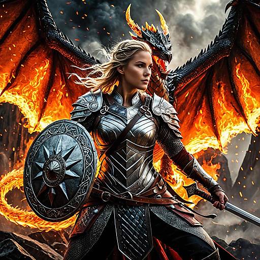 Norse Valkyrie with Fiery Dragon