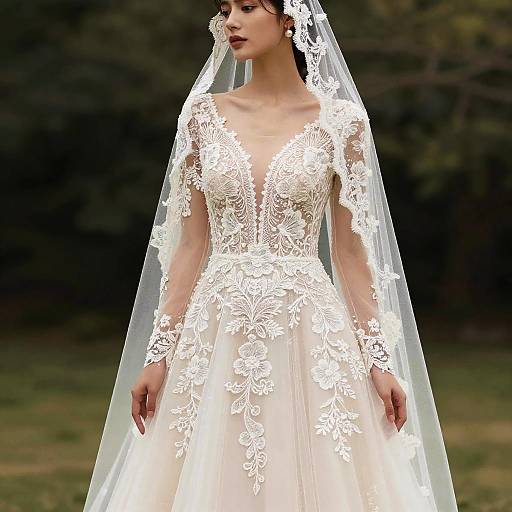 Photograph of a beautiful Asian bride in a white lace wedding dress with a deep V-neck, long lace sleeves, and a flowing veil, standing outdoors