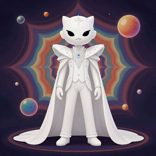 Digital art of a white, cat-headed figure in an elaborate, white suit and cape, standing against a colorful, psychedelic, space-themed background with floating