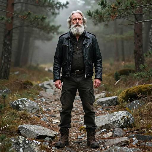 Photograph of a bearded man with white hair, wearing a black leather jacket and pants, standing in a misty forest path with rocks and moss