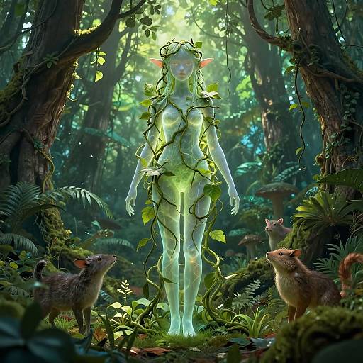 Digital fantasy artwork of a glowing, nude, elf-like woman with vines covering her body, standing in a lush, enchanted forest, surrounded by two curious