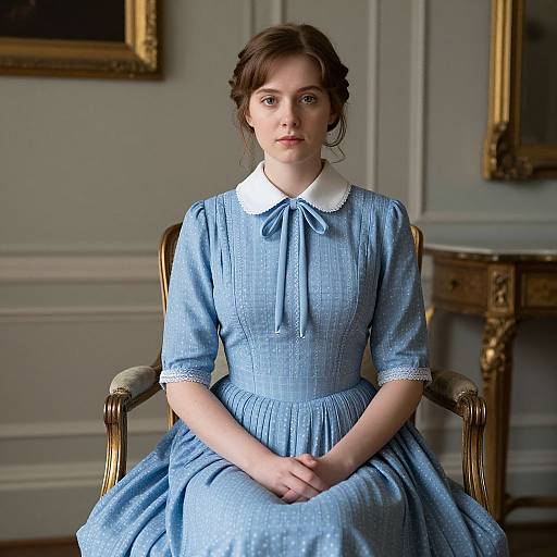 Woman in Blue Queen Anne Dress