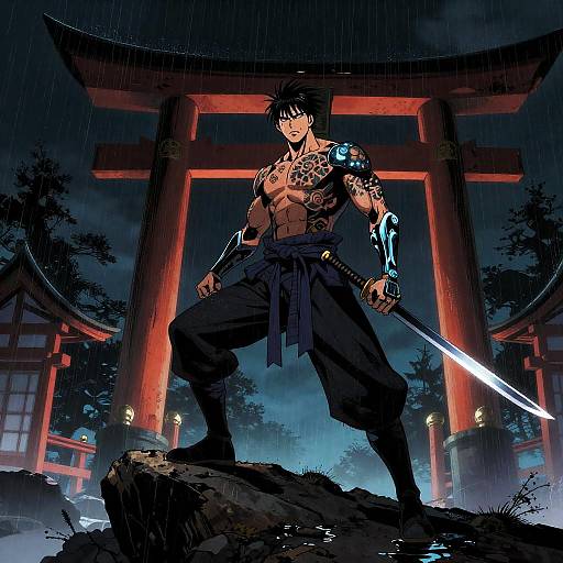 Cybernetic Samurai at Neon-Lit Shinto Shrine