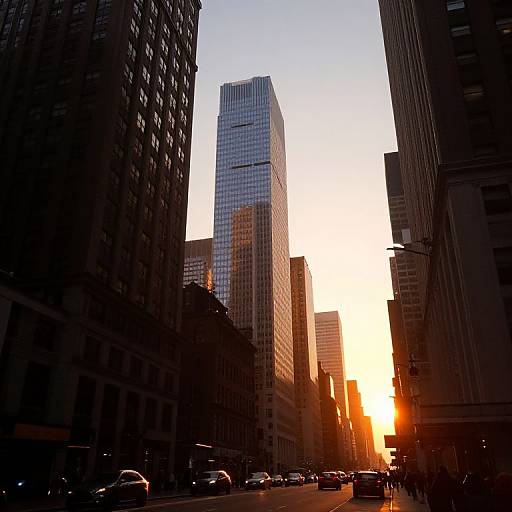 Photograph of a city street at sunset, featuring tall skyscrapers with reflective glass windows, silhouetted against a bright orange sun. Cars