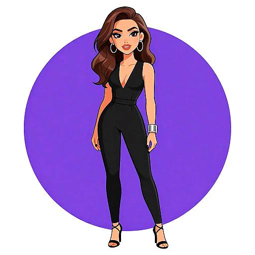 Digital illustration of a confident woman with long brown hair, wearing a black v-neck jumpsuit, silver bracelet, hoop earrings, and strappy heels,