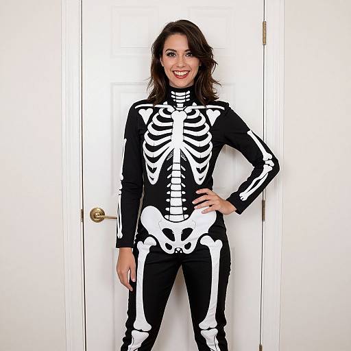 Photograph of a smiling woman in a black bodysuit with white skeleton design, standing against a white door.