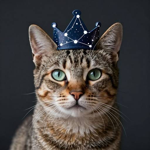 Photograph of a tabby cat with green eyes, wearing a blue star-patterned crown, against a dark background. The cat's gaze is direct