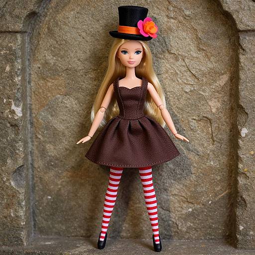 Photograph of a blonde doll wearing a black top hat with red and orange flower, black lace dress, red and white striped tights, and black