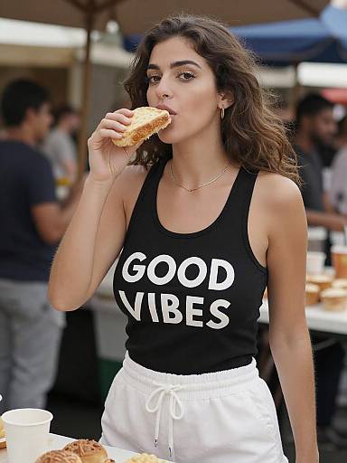 Photograph of a young woman with wavy brown hair, wearing a black 