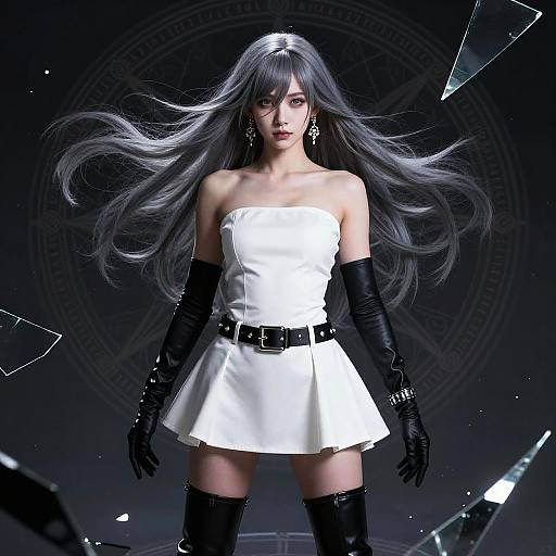 Fantasy Girl with Long Grey Hair and White Dress