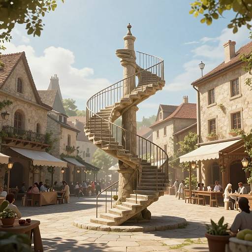 Photograph of a sunlit, cobblestone European village square with a spiral stone staircase in the center, surrounded by quaint stone buildings and outdoor café