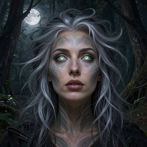 Photorealistic digital art of a white-haired woman with glowing green eyes, intricate facial tattoos, and glowing moonlit forest background.