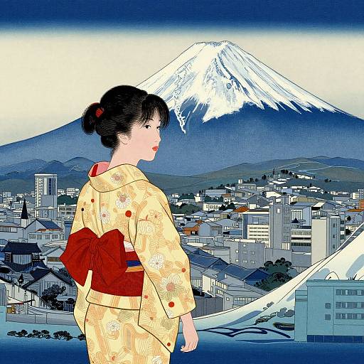 Digital art of Japanese woman in yellow kimono with red obi, facing snow-capped Mount Fuji, overlooking urban cityscape.