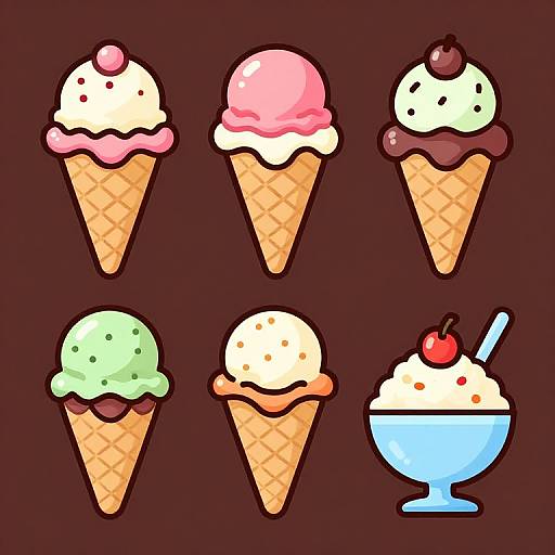 Cartoon-style illustration of six colorful ice cream cones and a bowl, featuring pink, white, green, brown, and cherry toppings.