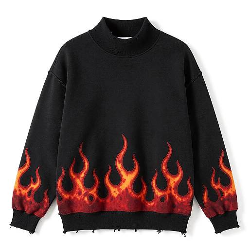 Black High-Neck Sweatshirt with Red Flames