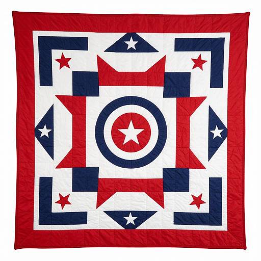 Quilt featuring a patriotic design with red, white, and blue geometric shapes, stars, and a central circular star pattern.