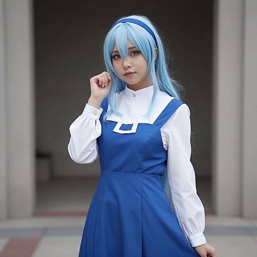 Photograph of a young woman with light blue hair and blue headband, wearing a white blouse and blue dress, standing in front of a building entrance